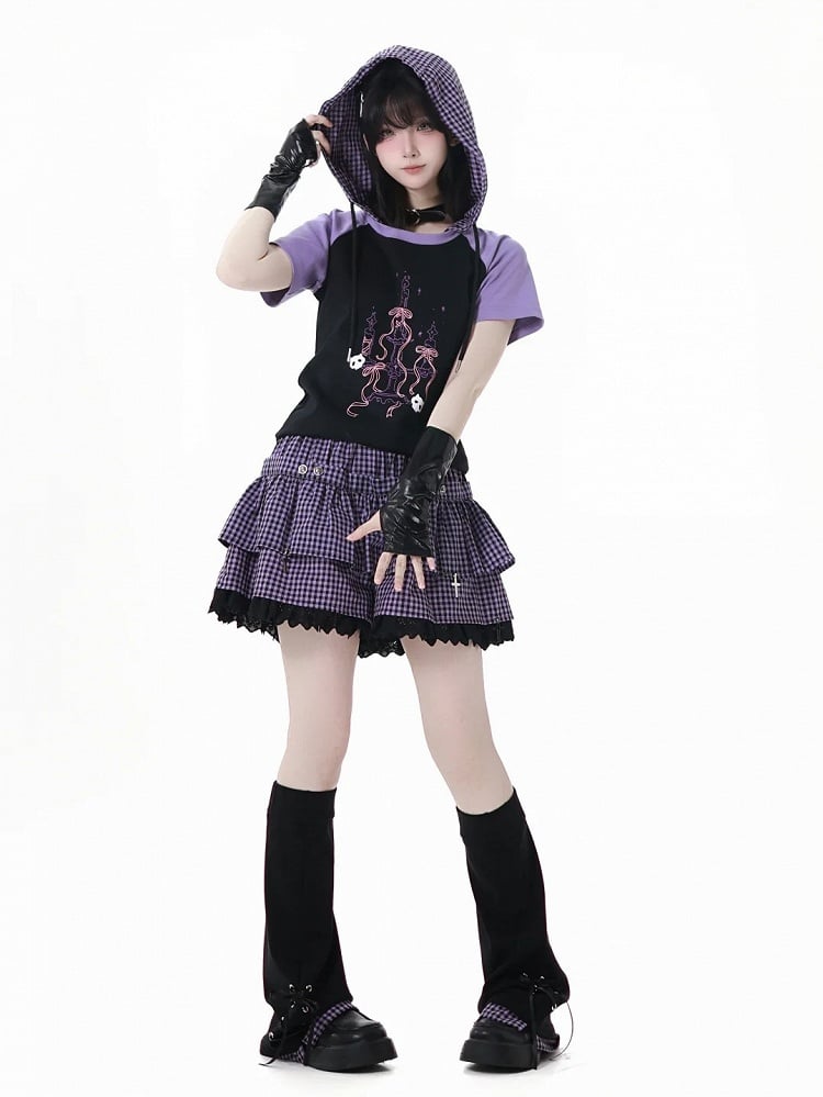 Y2K Purple Elastic Waist Lace Trim Plaid Skort