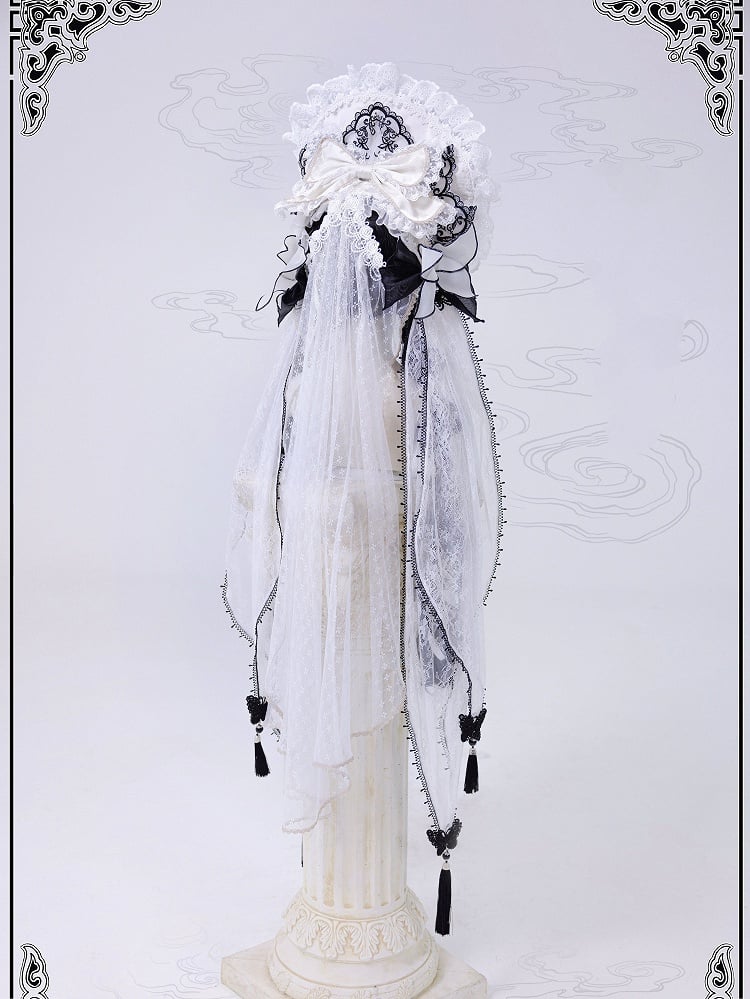and Veil Bonnet Detachable Black White with