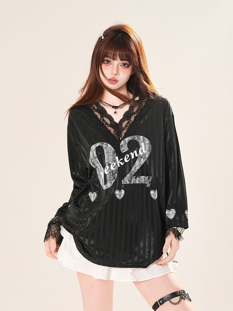 White/Black Trim V-neck Lace Number Print Striped Top