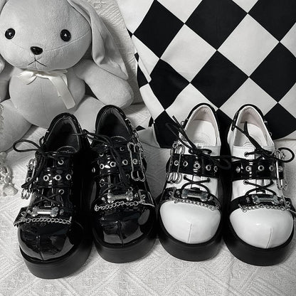 Jirai Kei Polished White&Black Y2K Bone Buckle Strap Platform Shoes