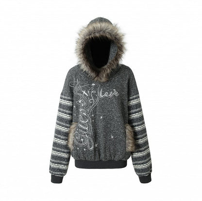 Black&White Plush Trim Striped Sleeves Hoodie