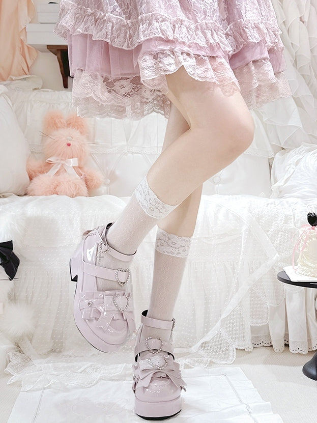 Decorated Jirai Kei Block Heels Lace-up Polished Platform Pink Details High Heart Rhinestone