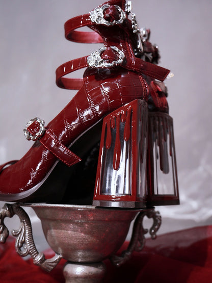 Polished Red Gothic Crocodile Buckle Straps Blood Drip High Block Heels