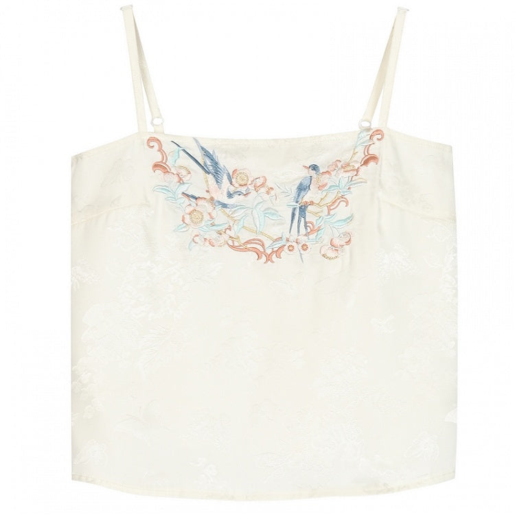 Cami and Embroidery Top Apricot Bird Floral