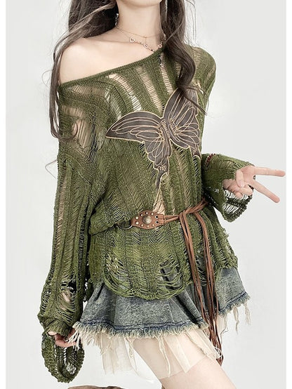 Knitted Protection Top Applique Sun Long Bittersweet Glamorous Sleeve Butterfly Green