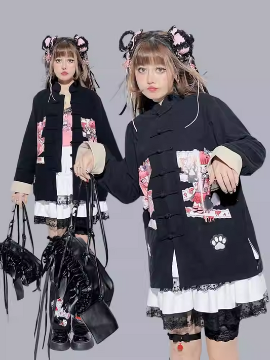 Haut oversize noir à col bandé et motif dessin animé