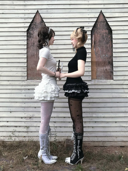 Gestufter Cross Skort Gothic Schwarz/Weiß Elastische Taille Spitzenbesatz Pumphose