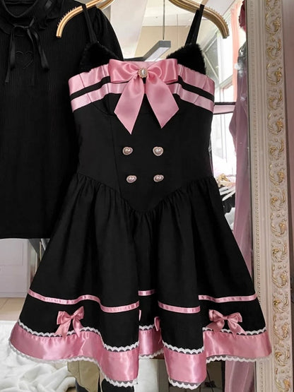 Black and Pink Cat Ears Bow Accents Basque Waist Sweet Dress Lolita Jumper Skirt