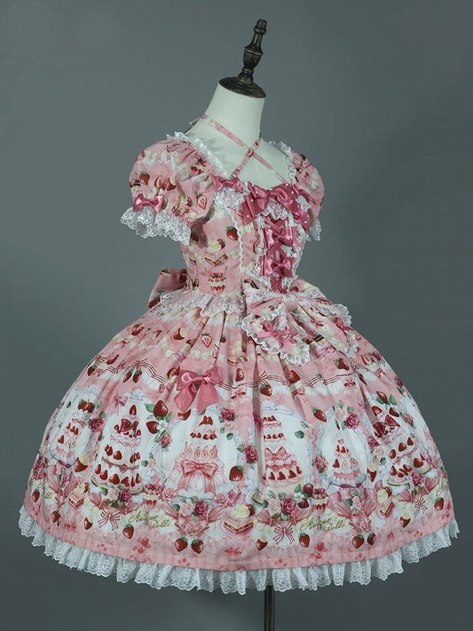 Dress Bow / Print Strawberry Lolita Full Cake Accents Sweet Pink Set
