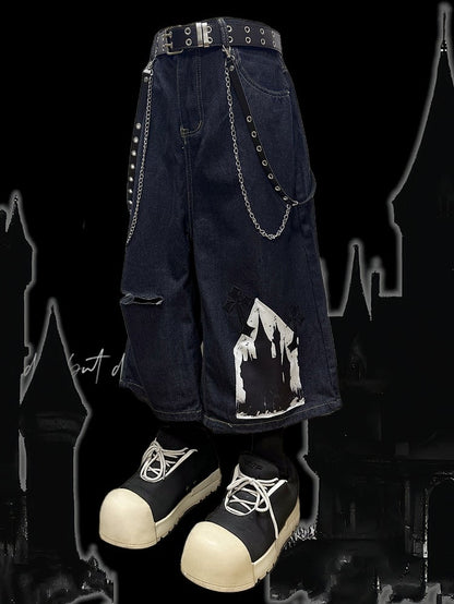 Shorts mit Kreuzapplikation, dunkelblau, Distressed-Löcher, weites Bein, Cargo, Y2K
