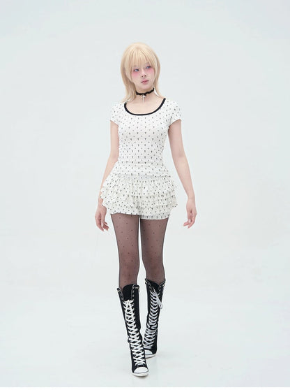 Detail Back Cat Paw Print Cat Ears and T-Shirt White at Allover Black Cross Pastel Gothic