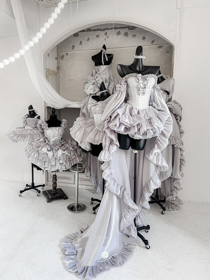 + Lace-up Balletcore Top Full Set Big Sleeves Skirt Train Bow Corset Silvery