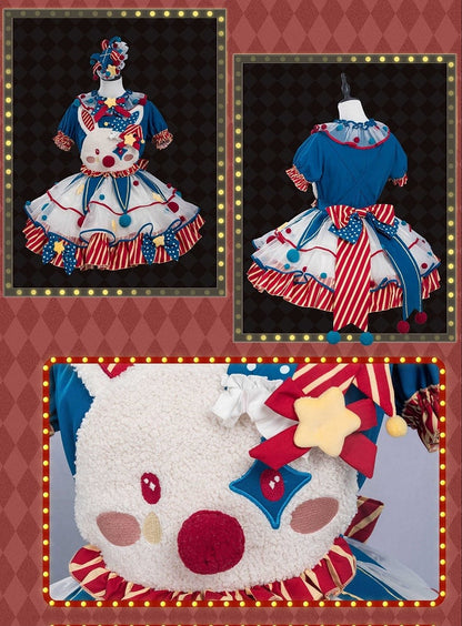 Lolita and Circus Pastel Clown Bodice Overalls Red Dress Blue Dark Clowncore Bunny Fleece Sweet