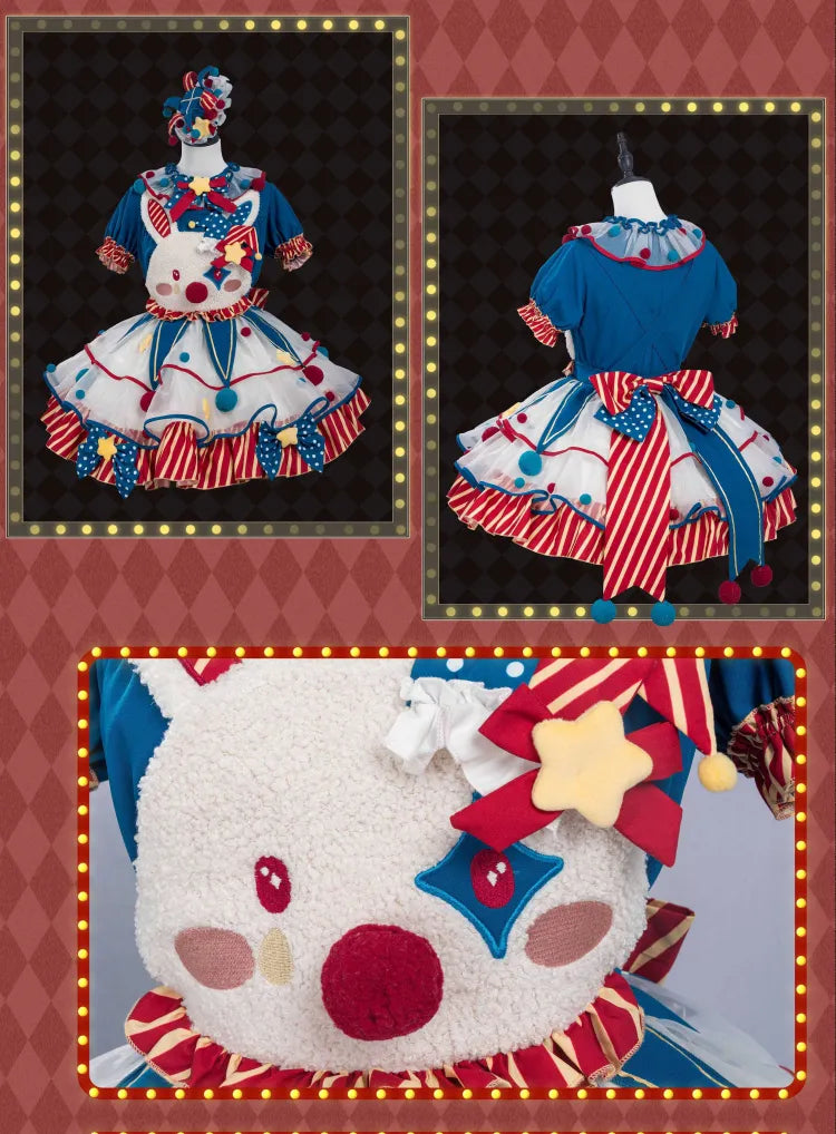 Clown Dark Bunny Dress Blue Clowncore Overalls Fleece Lolita Pastel Sweet Circus Red and Bodice