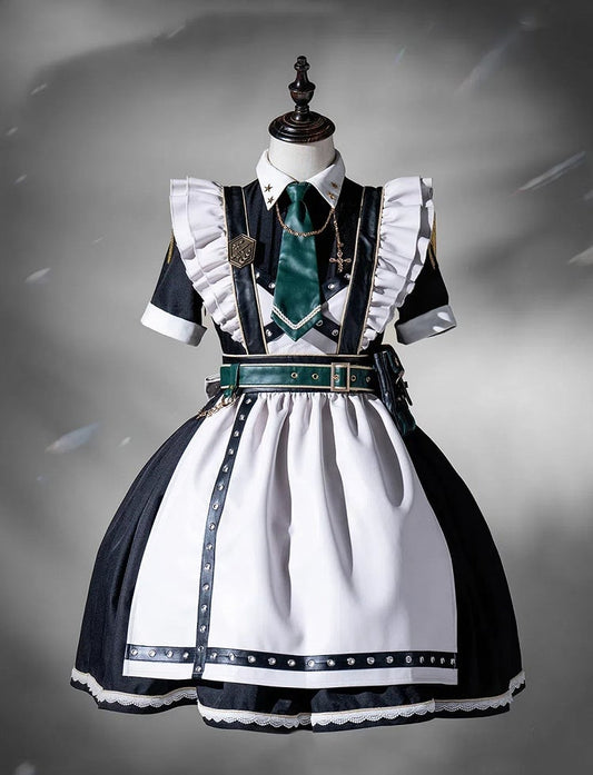 Dress Short Military Full Lolita Flutter Sleeves and Maid Apron Set Black