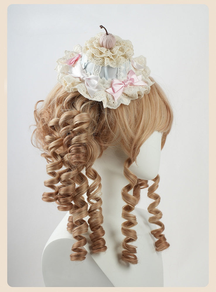 Sweet Lolita Blue and Pink Bow Cherry Cake Layered Lace Trim Hat
