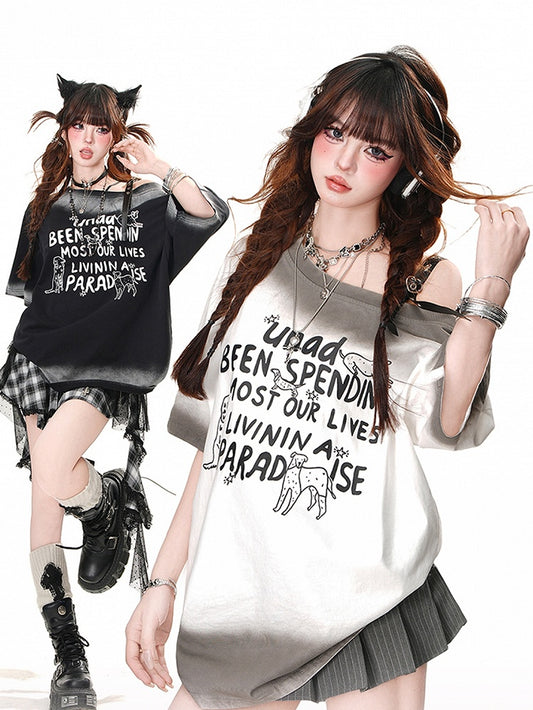 T-shirt Heart Buckle White/Black Loose Asymmetrical Neckline Adorable Puppy Print