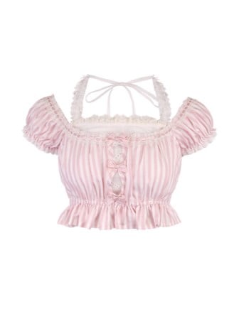 Pink Striped Puff Lace Bow Accents With Halter Top Sleeves Crop