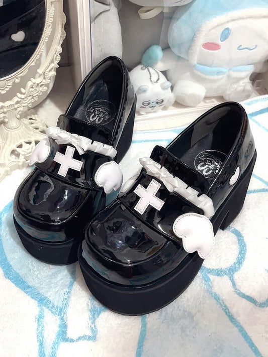 Jirai Kei Black Yami Kawaii Cross Bowknot Platform Loafers