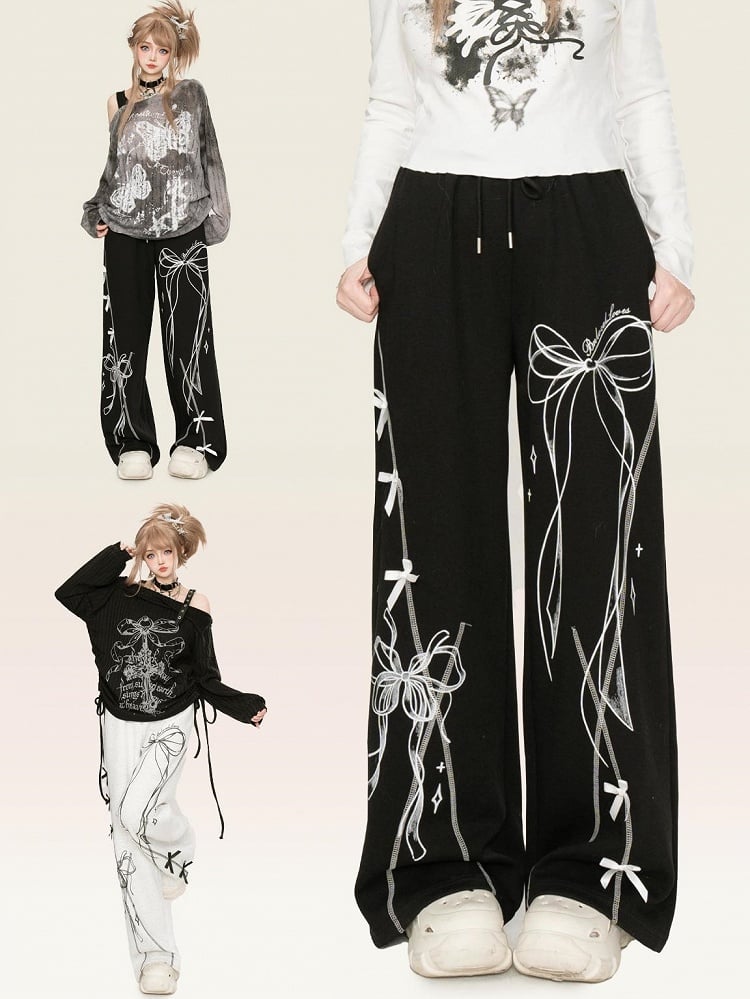 Black/Light Grey Ribbon Bow Straight-leg Cut Sweatpants