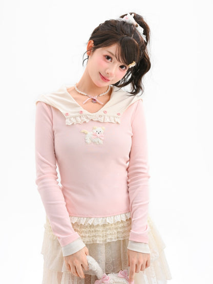 Pink Plush Puppy Pattern Ruffled Lace Trim Slim-fitting Top