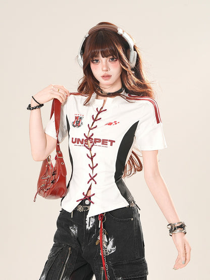 White Lace-up Front Slim-Fit T-Shirt