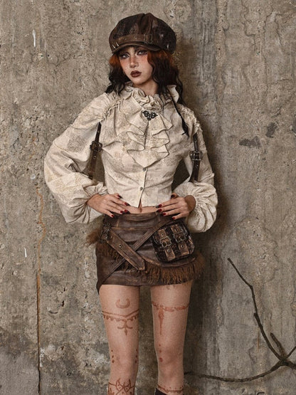 Ruffle Neckline Apricot Steampunk Balloon Sleeves Shirt