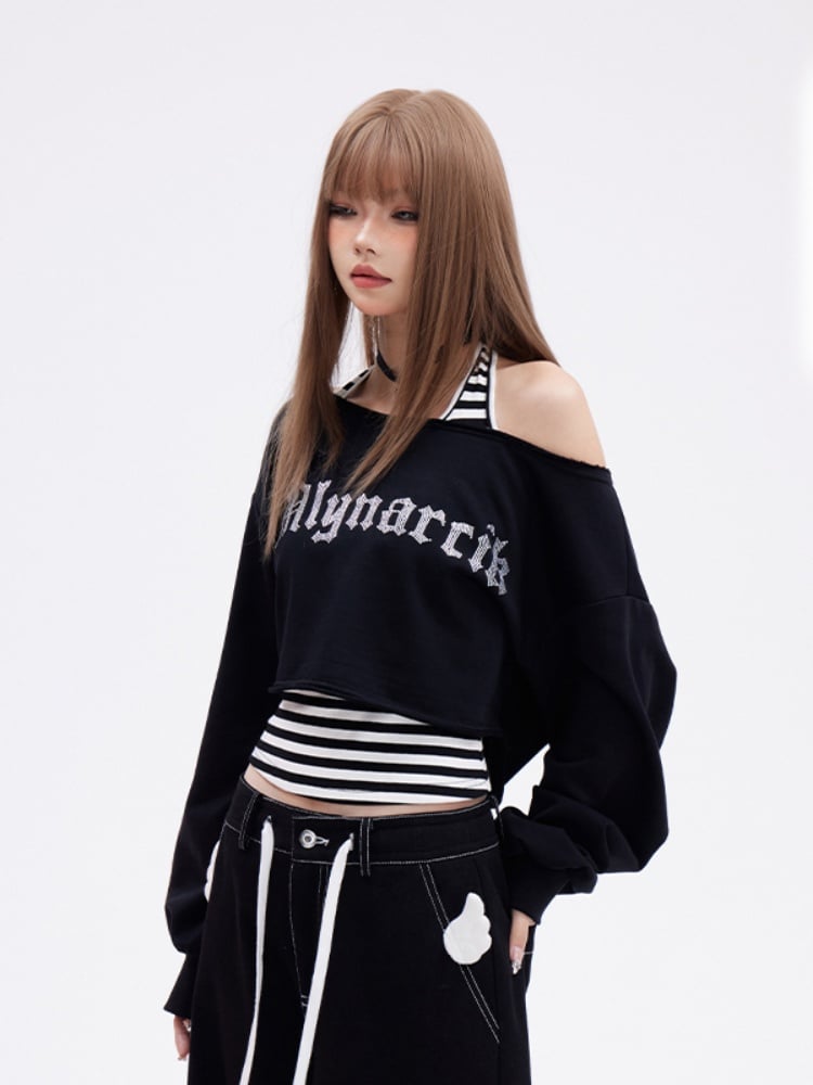 Glamorous Cropped Black Asymmetrical Neckline Letter Embroidery Sweatshirt
