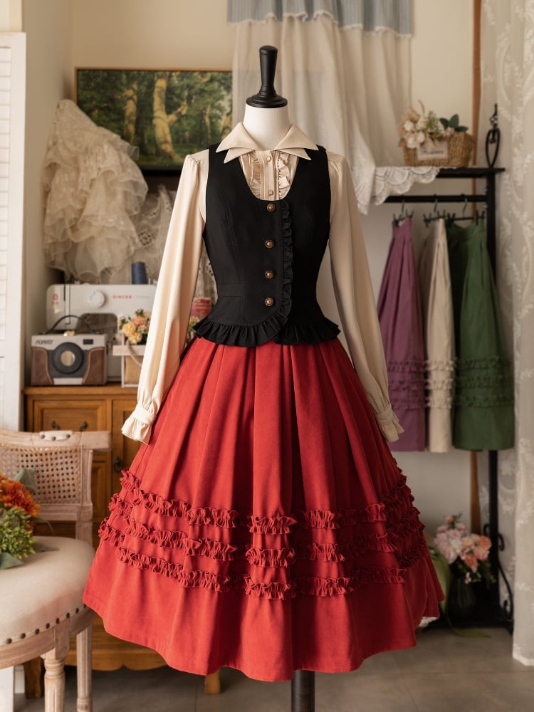 Red Ruffle Trimming Classic Lolita Skirt