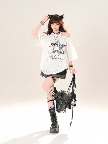 Cutout Shoulder Distressed Holes Hem Graphic T-Shirt Black/White