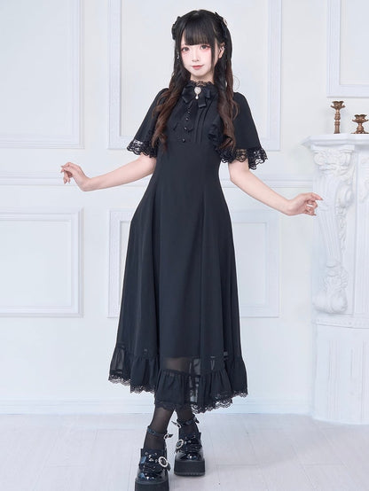 Langes Kleid mit Spitzenbesatz und kostenloser Schleifenbrosche, Jirai Kei, ganz in Schwarz