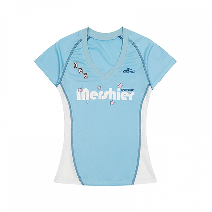 T-Shirt mit V-Ausschnitt und schmaler Passform, blau-weißes Colorblock-Design