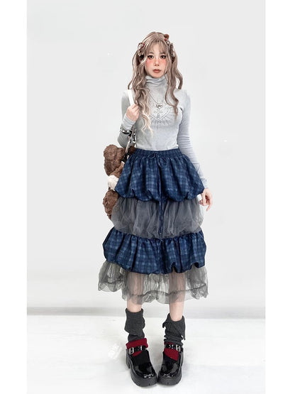 Blue Plaid Pattern Patchwork Design Tiered Bubble Skirt