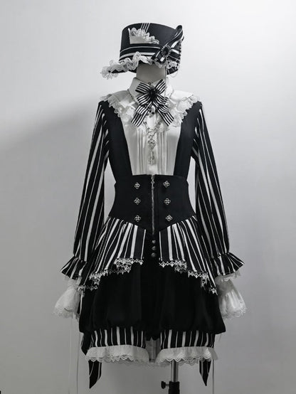 Black and White Ouji Lolita Circus Magician Vibes Striped Long Sleeves Shirt