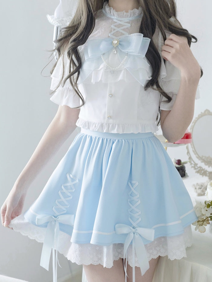 Illusion Skirt Shoulder Blue Criss-cross Open White Design Top+ Neckline Kei Set Jirai
