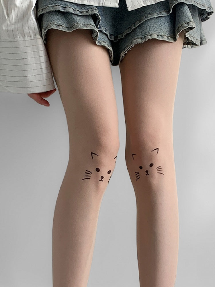 Cat Sheer Tights Nude Print