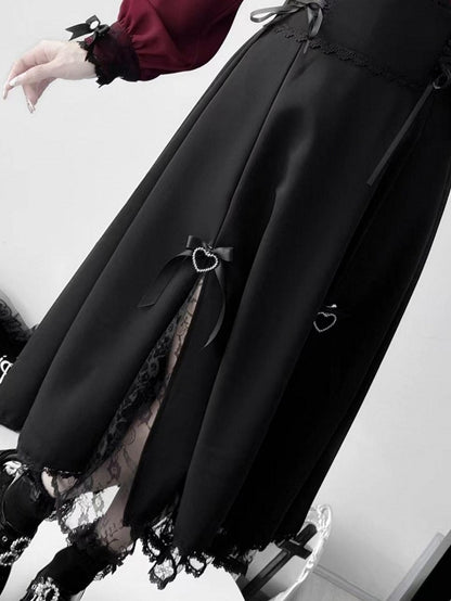 Trim Design Kei Skirt Jirai Black Lace-up Details Lace Slit Side