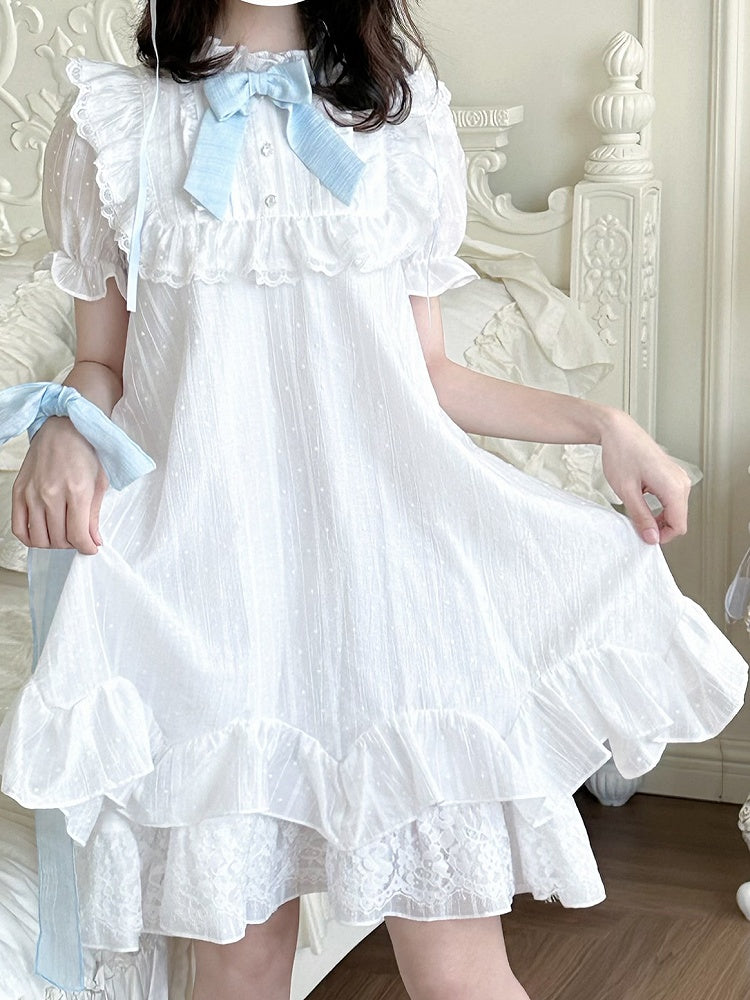 Blue Trim White Ruffle Neckline Lace Puff Sleeves Dress with