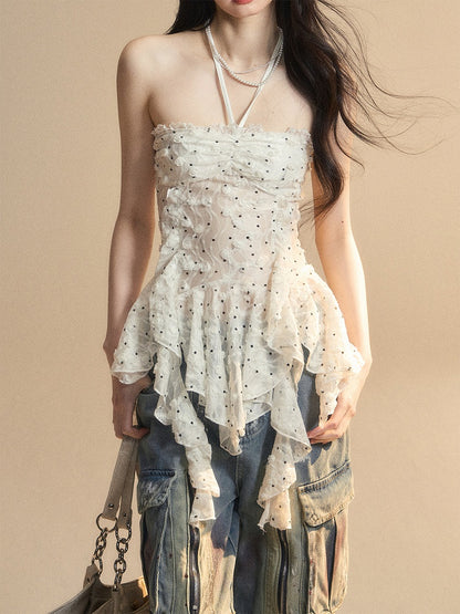 Flounce Hem White Glamorous Halter Neck Polka-dot Top Pattern Asymmetrical Strapless