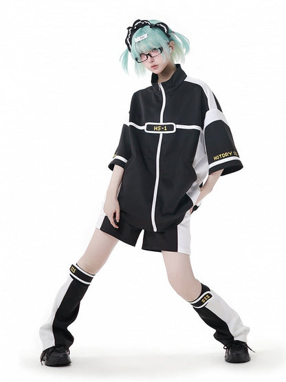 White Colorblock Design Jirai Kei Sports Shorts Black