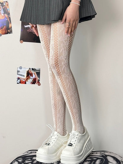 Tights Cut-out Rosette Black/White/Brown/Purple Y2K Design Pattern
