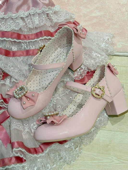 Shoes Janes Bowknot Rhinestone Decorated And Round Mary Lolita Details Beaded Toe Pink