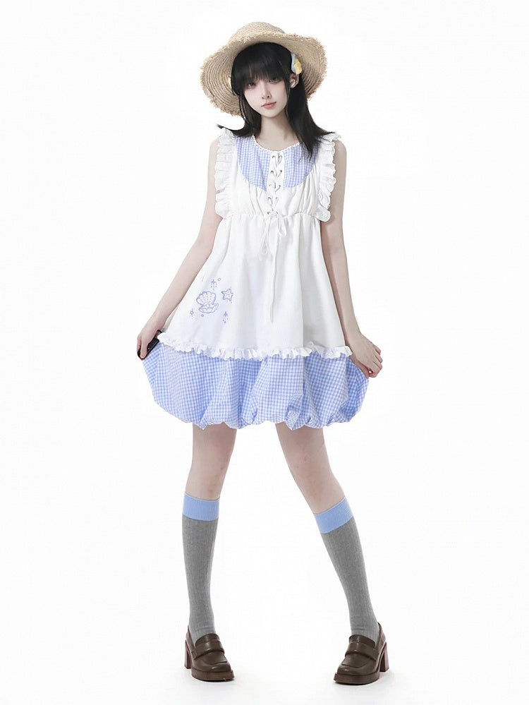 Bubble Skirt Plaid Flutter Sleeves Dress Blue Seashell and Starfish Embroidery White and
