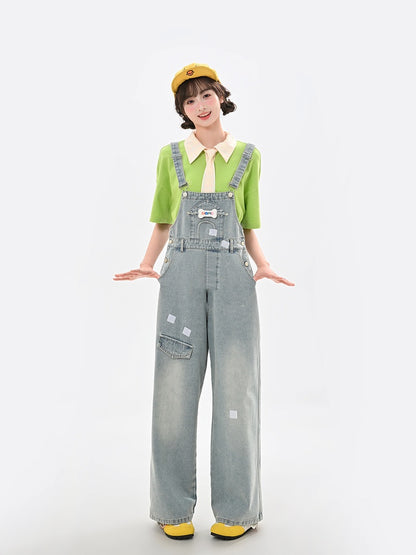 Light Blue High Adorable Animal Appliques Denim Overalls Waist