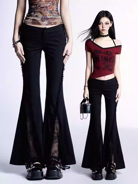 Lace Patches Cuffs Hem Glamorous Waist Raw Black Low Flared Pants