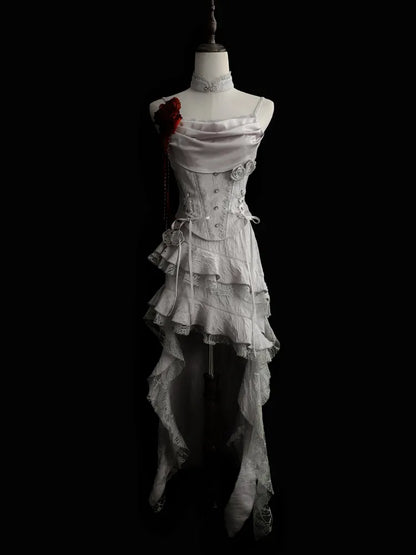 Jupe asymétrique à volants en cascade gris argenté