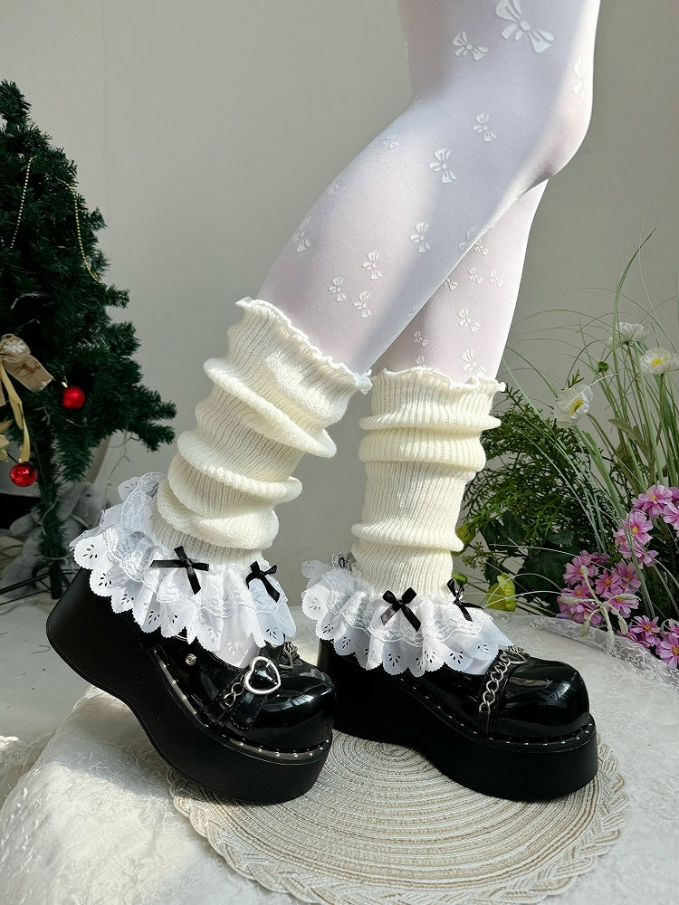 Jambières Lolita à bordure en dentelle et nœud blanc