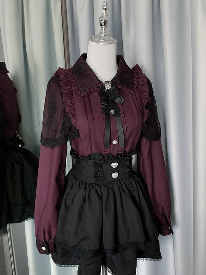 Pleating Outfit- Black Shirt Jirai Kei Skirt Red + Details Tiered