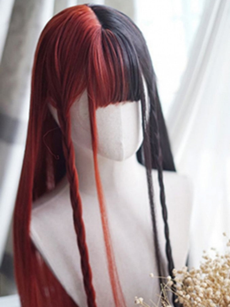Red&Black Split Color Waist Length Straight Wig With Full Bangs