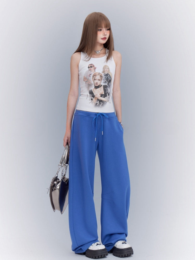 Blue Drawstring Waist Loose Straight-leg Sweatpants